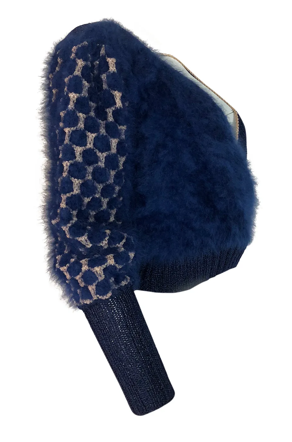1970s Cropped Blue Mohair, Wool & Gold Metallic Plunge Sweater