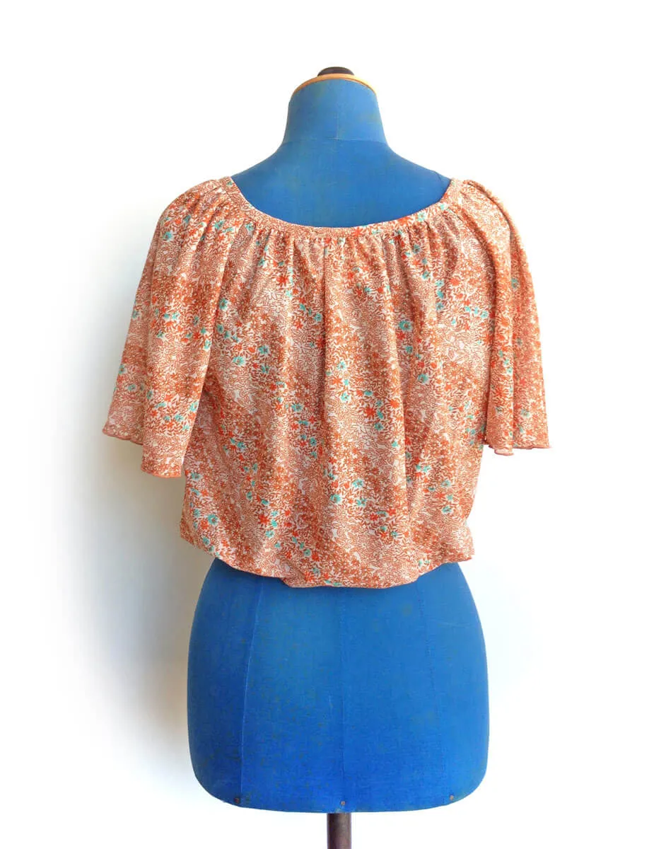 1970s Peasant Top Flutter Sleeve Floral