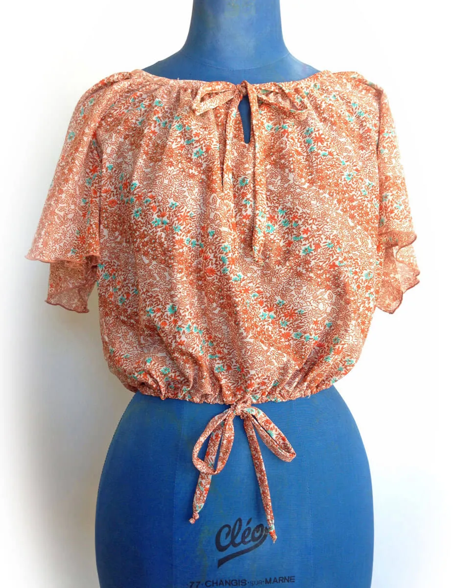 1970s Peasant Top Flutter Sleeve Floral