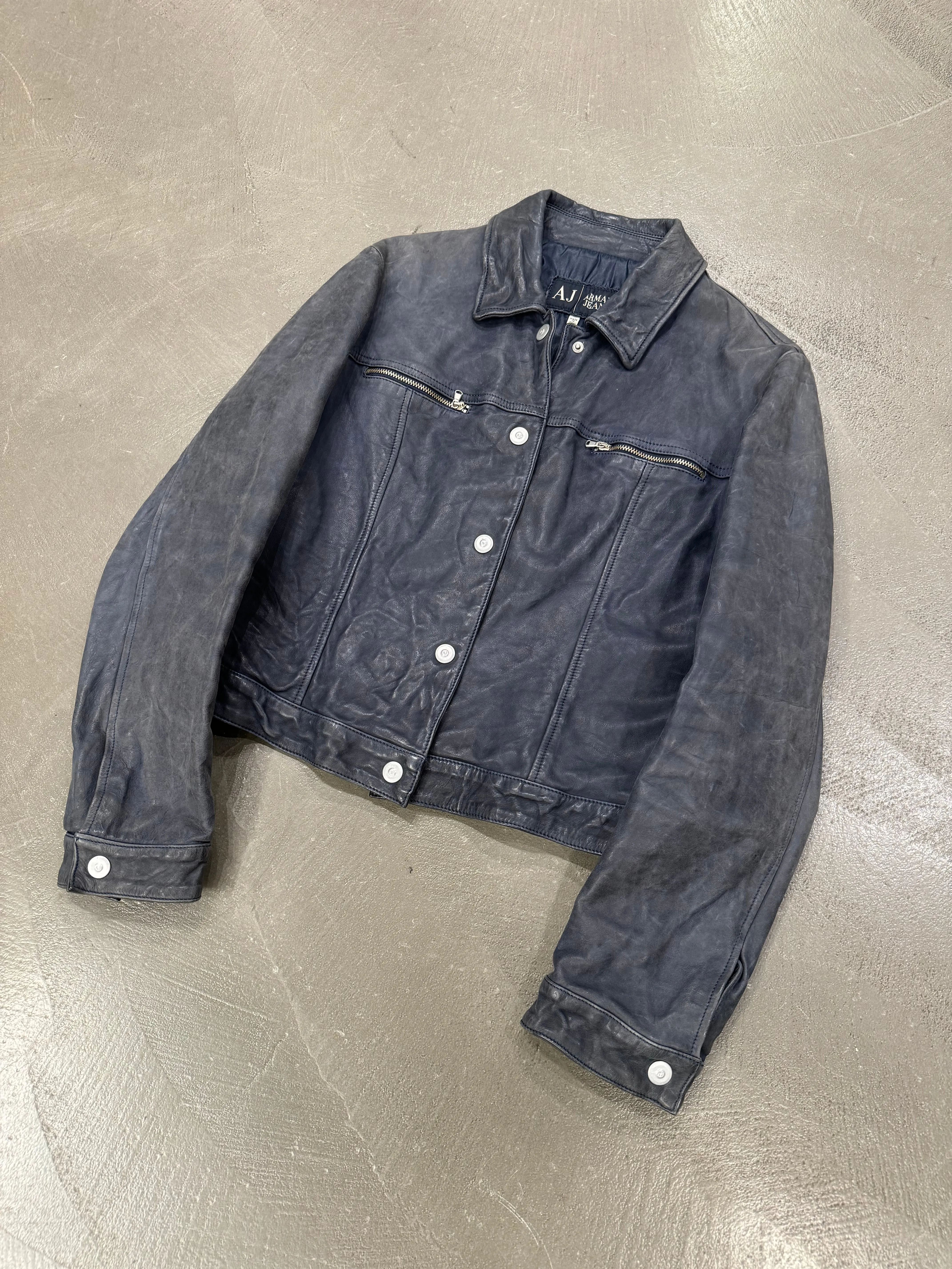 2000s Armani cropped wrinkled distressed leather jacket