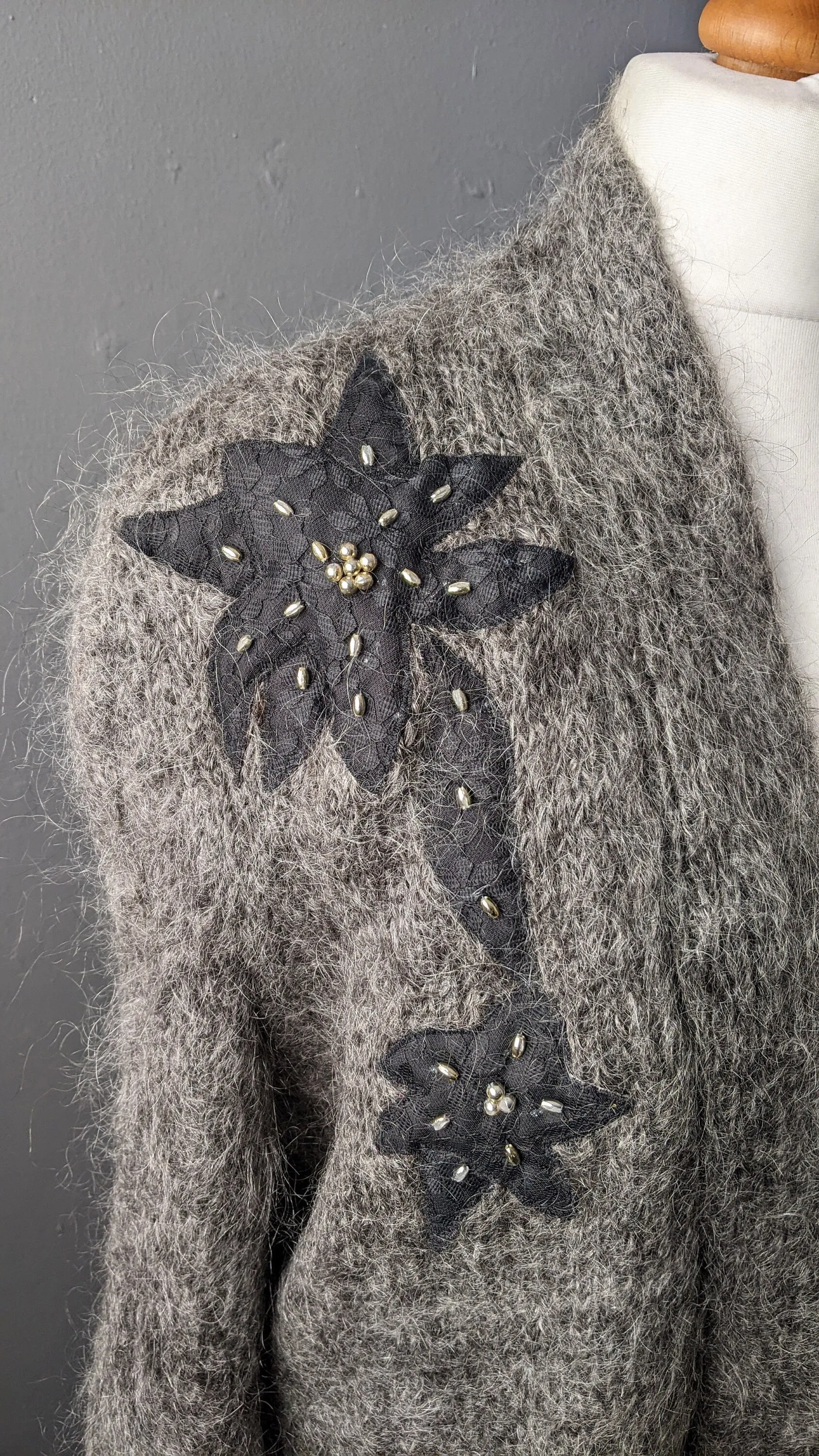 80s Embellished Mohair Cardigan, Beaded Cocoon Coatigan, Size Medium
