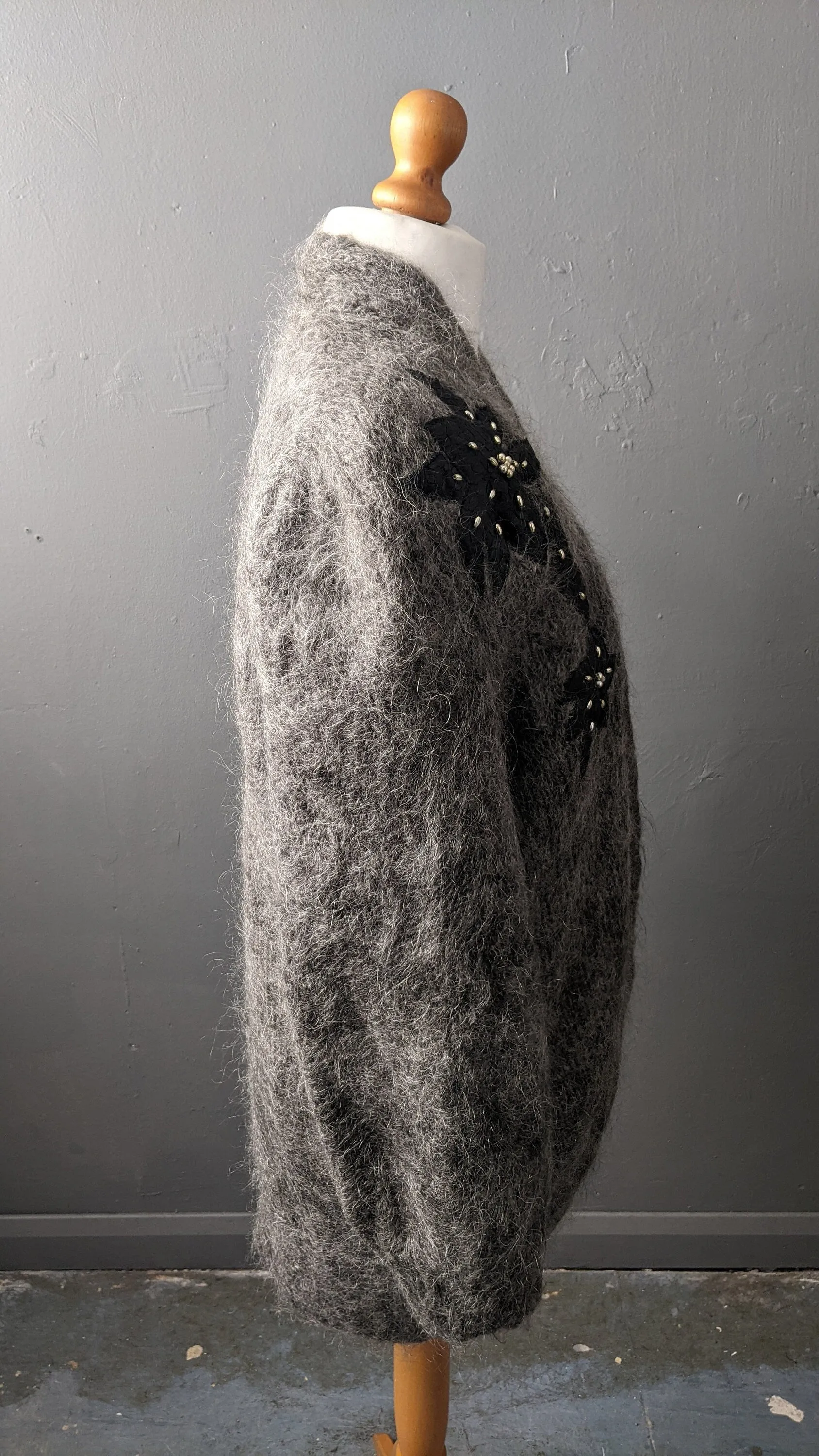 80s Embellished Mohair Cardigan, Beaded Cocoon Coatigan, Size Medium