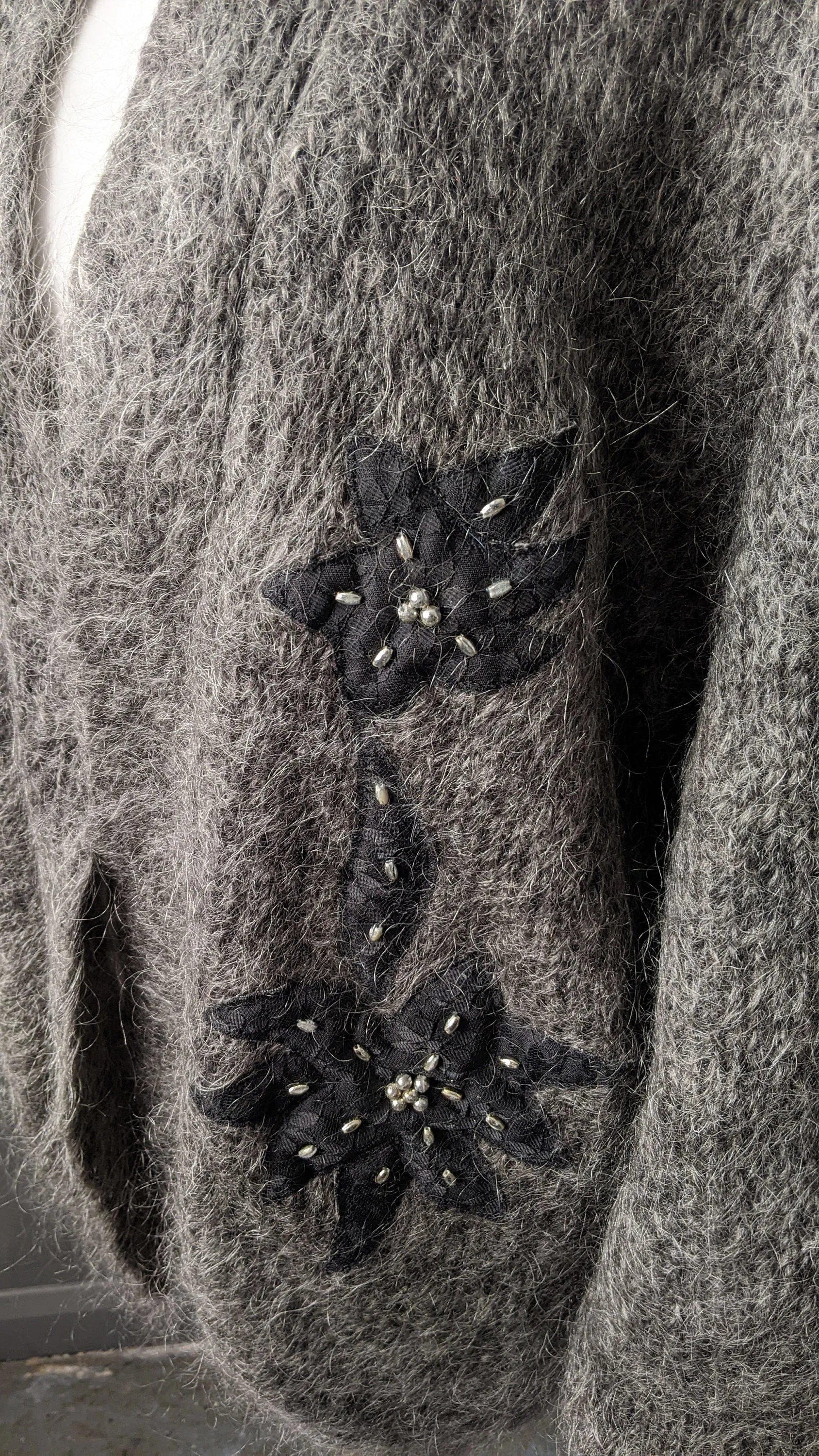 80s Embellished Mohair Cardigan, Beaded Cocoon Coatigan, Size Medium