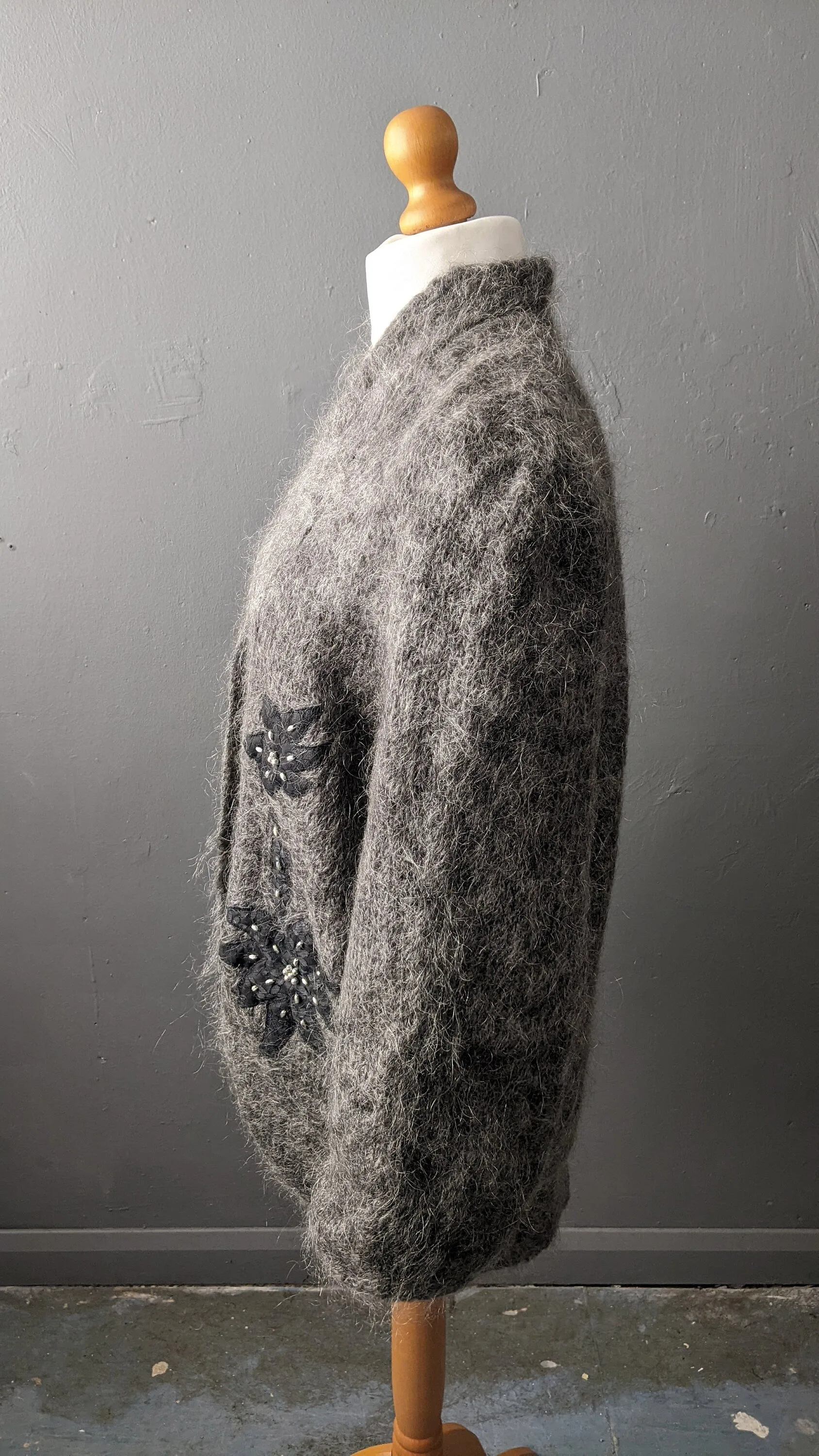 80s Embellished Mohair Cardigan, Beaded Cocoon Coatigan, Size Medium