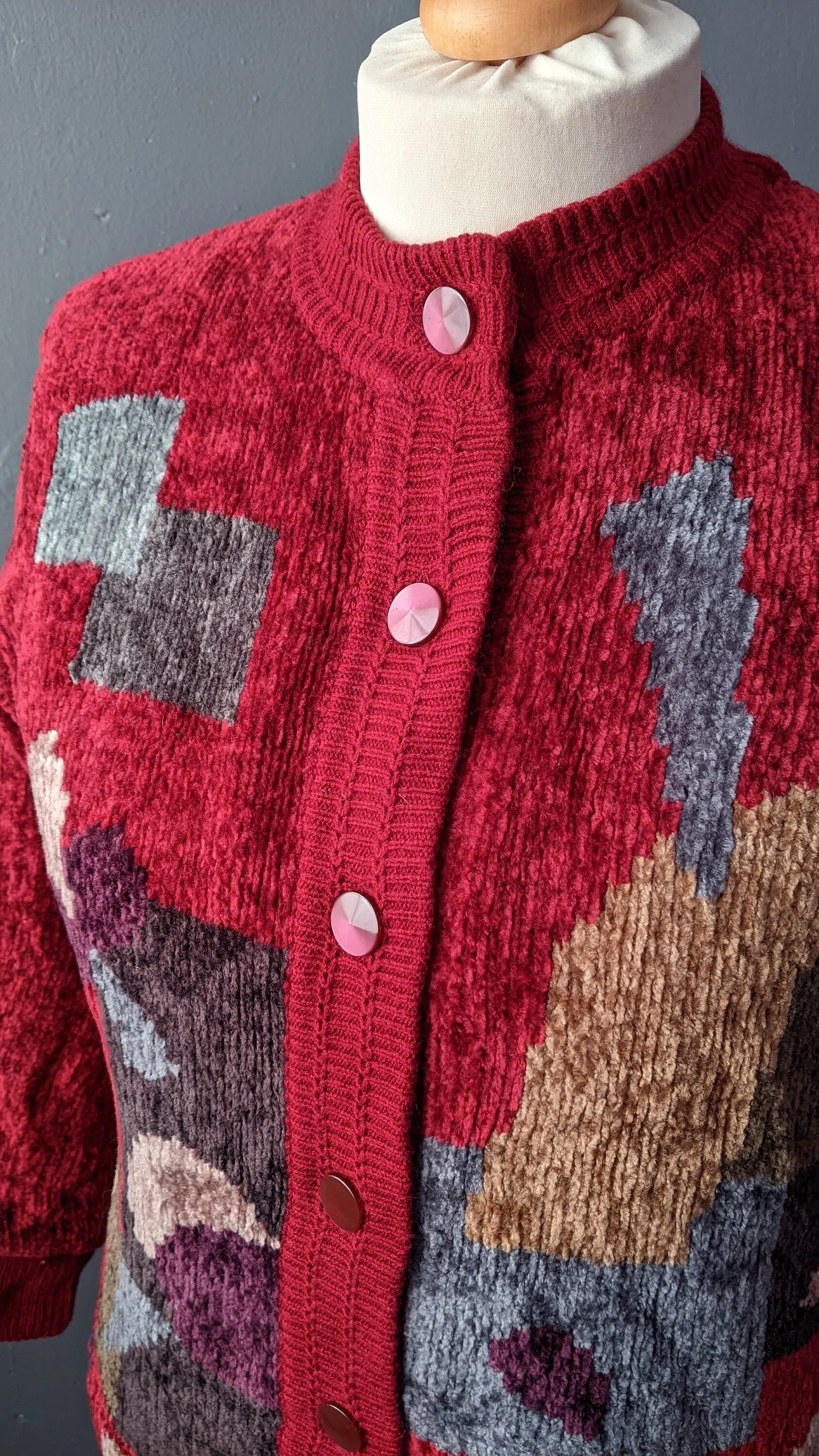 80s Maroon Velvety Cardigan, Multicoloured Chenille Coatigan, Size Medium