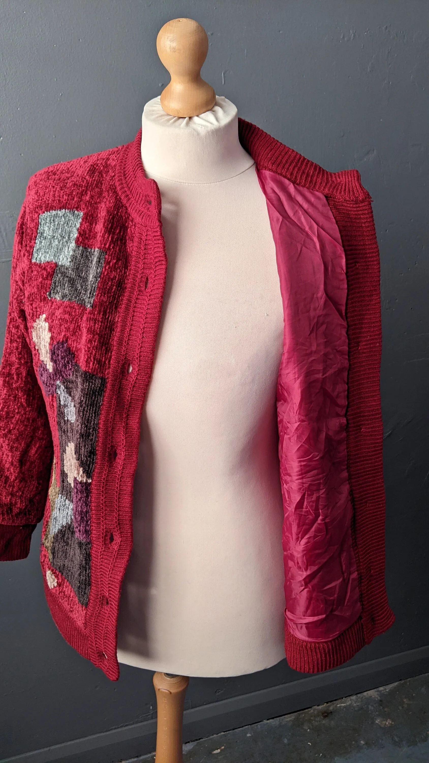 80s Maroon Velvety Cardigan, Multicoloured Chenille Coatigan, Size Medium