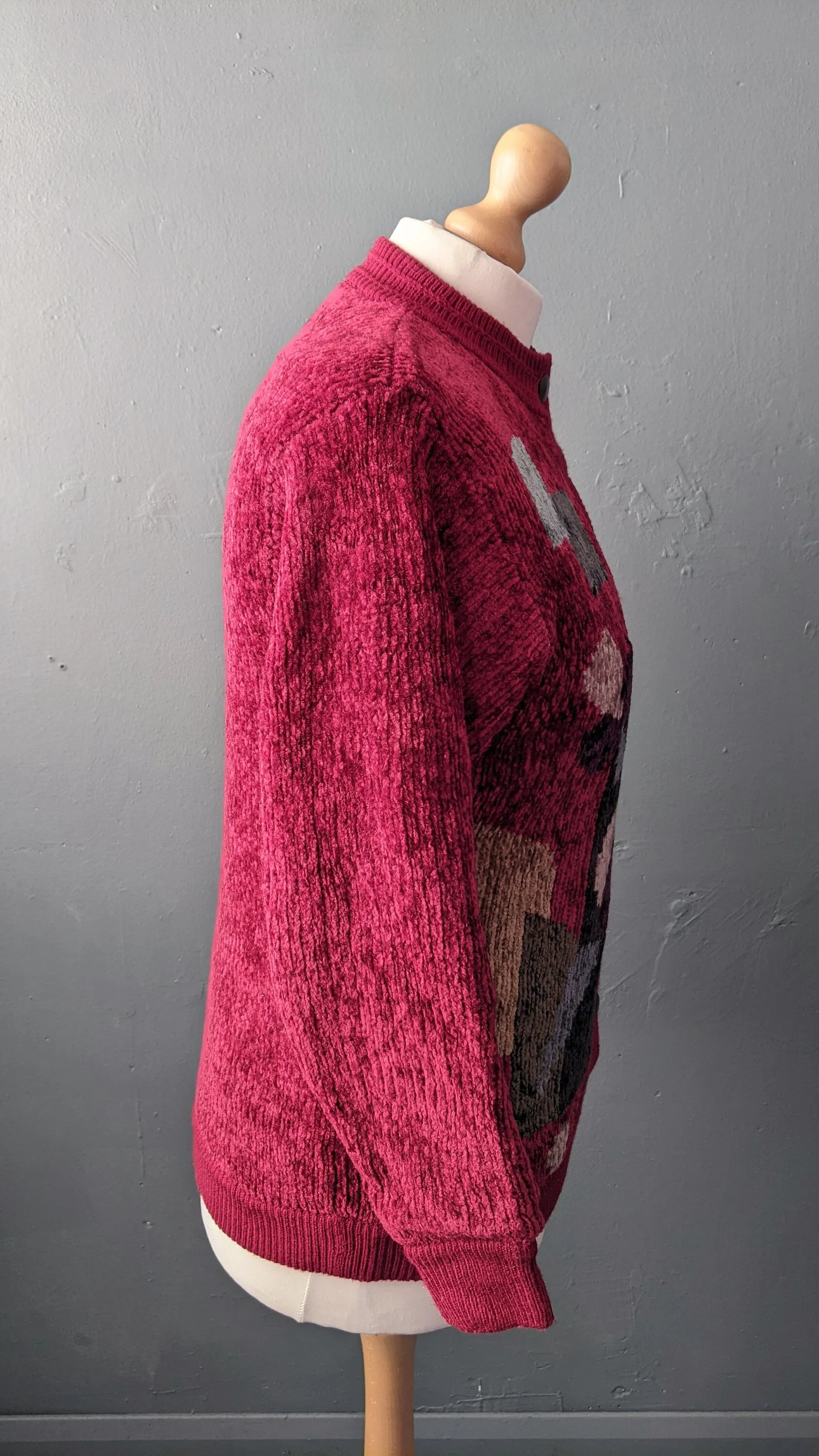 80s Maroon Velvety Cardigan, Multicoloured Chenille Coatigan, Size Medium