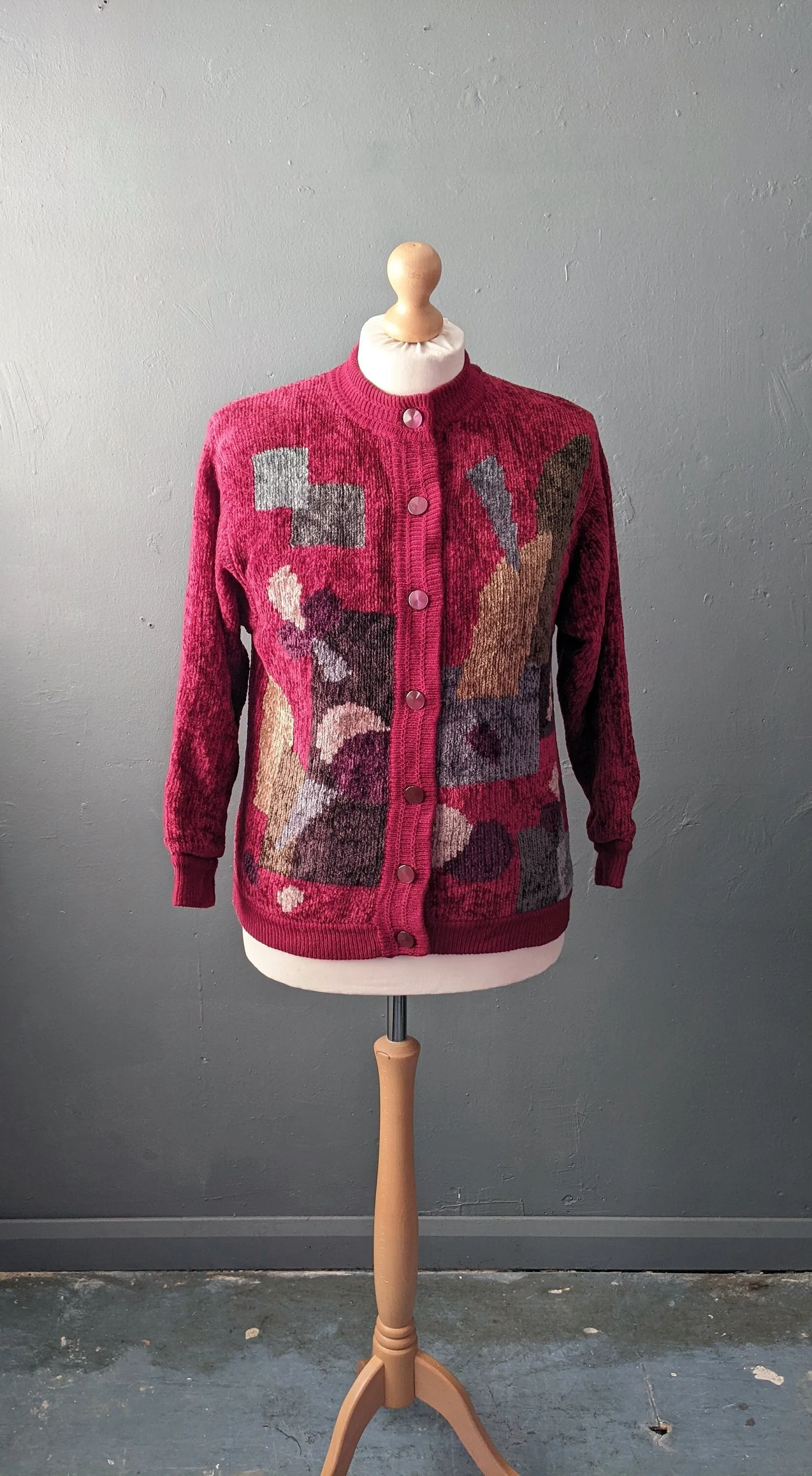 80s Maroon Velvety Cardigan, Multicoloured Chenille Coatigan, Size Medium