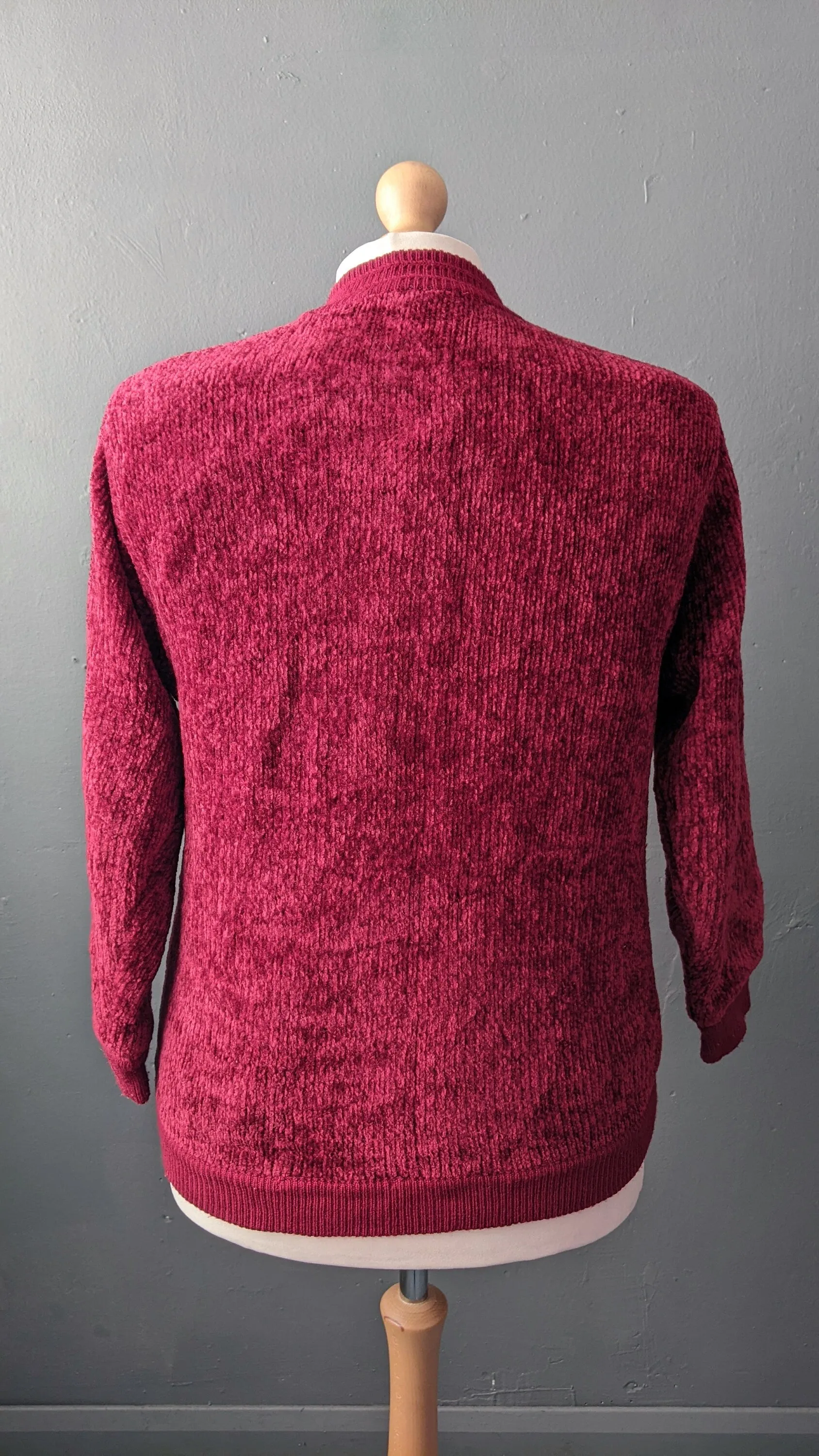 80s Maroon Velvety Cardigan, Multicoloured Chenille Coatigan, Size Medium