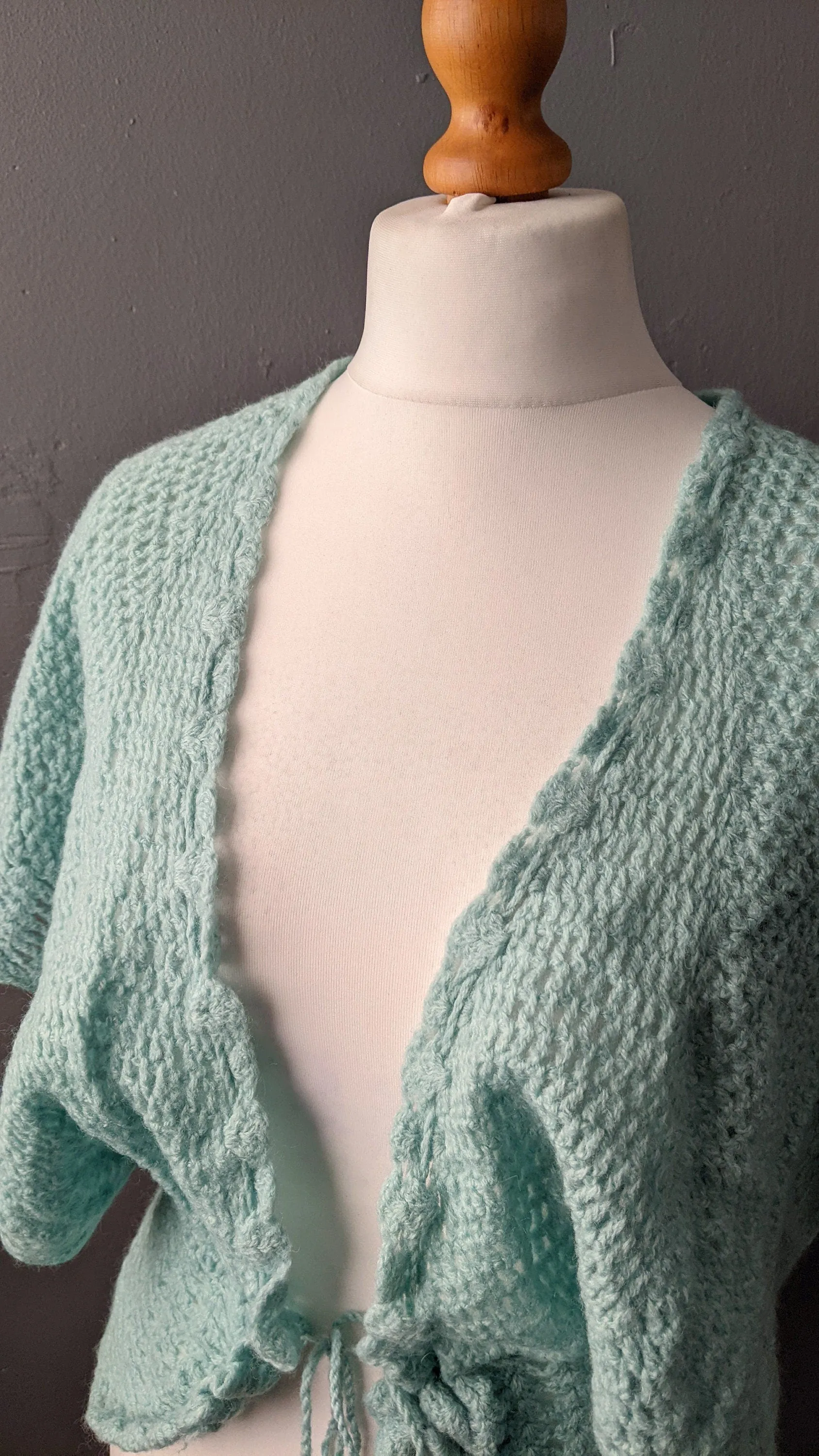 80s Mint Knit Bed Jacket, Vintage Summer Wool Cardigan, Size Medium