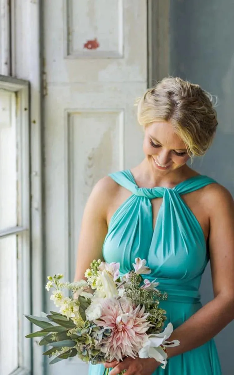 A-line Halter Neck Jersey Bridesmaid Dresses with Half Sleeves And Straps Back