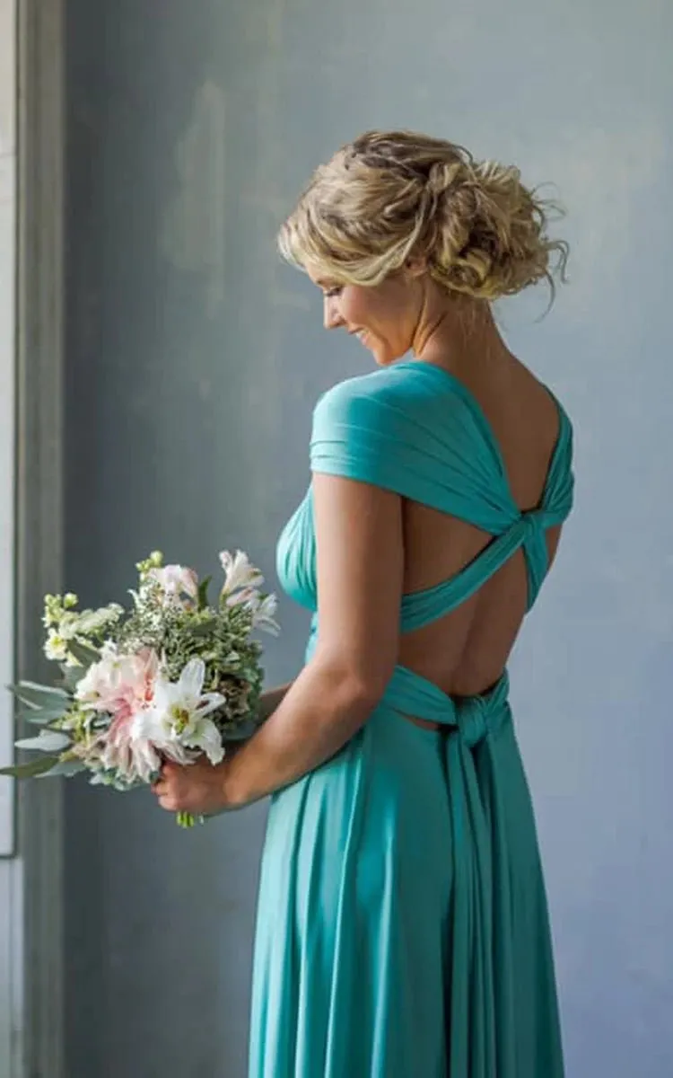 A-line Halter Neck Jersey Bridesmaid Dresses with Half Sleeves And Straps Back