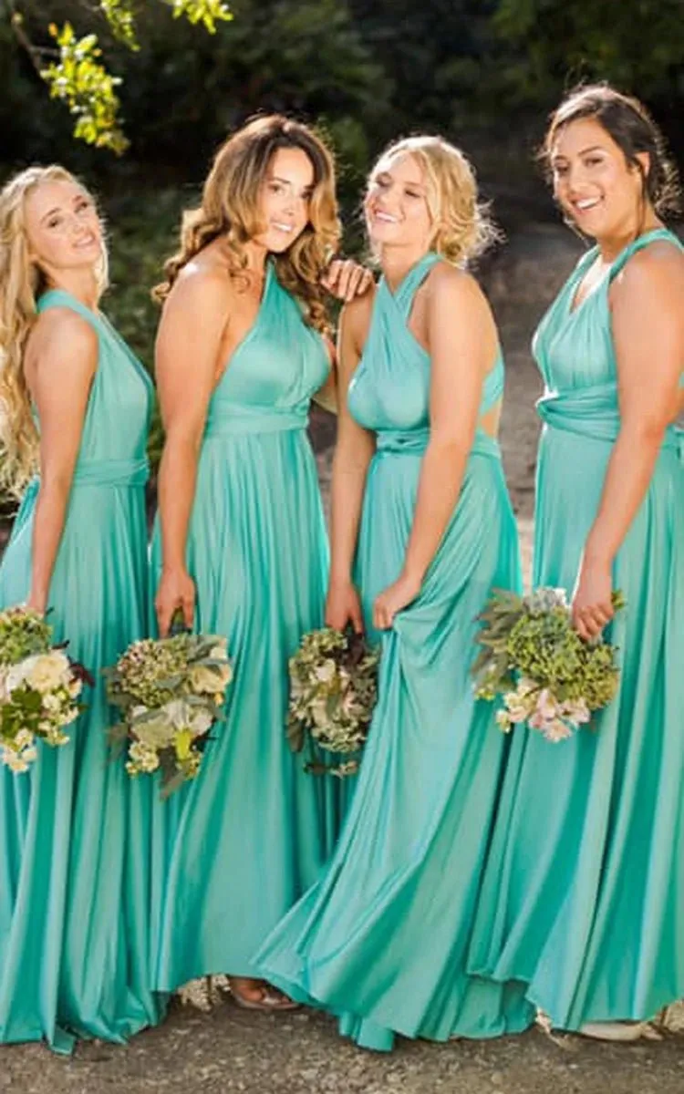 A-line Halter Neck Jersey Bridesmaid Dresses with Half Sleeves And Straps Back