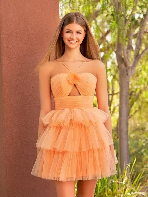 A-line Tulle Keyhole Halter Short Homecoming Dresses with Ruffles