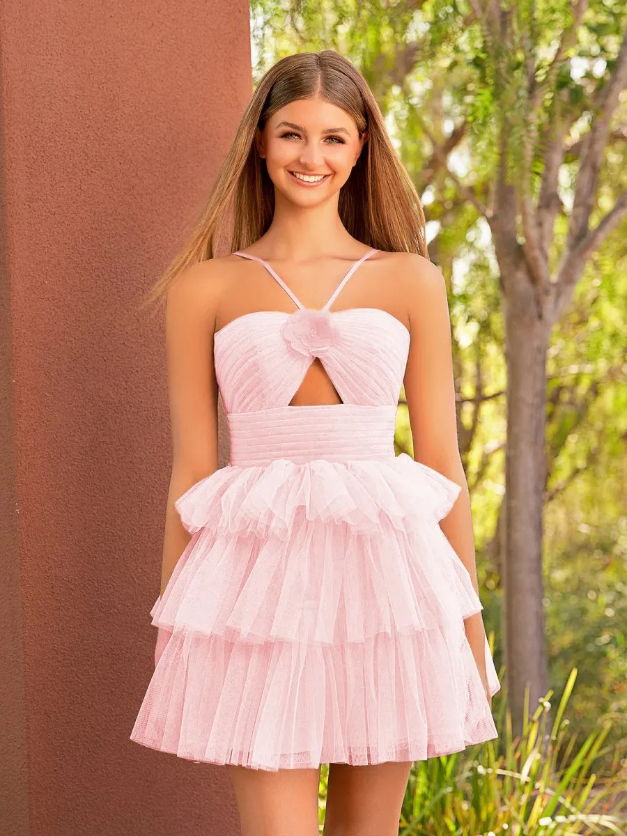 A-line Tulle Keyhole Halter Short Homecoming Dresses with Ruffles