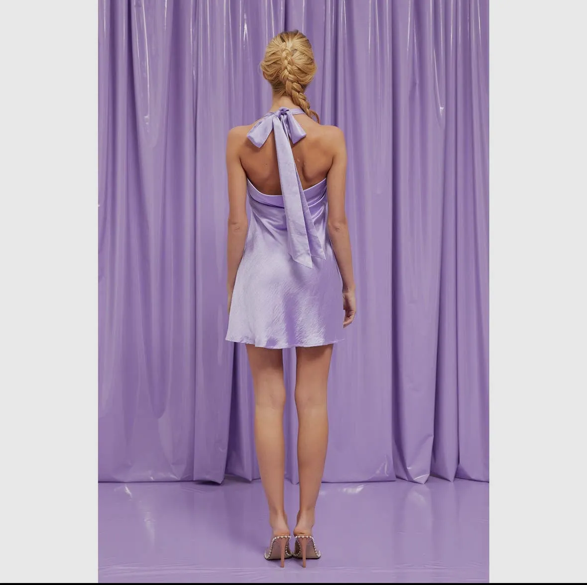ANGEL SATIN HALTER NECK TIED FLARE MINI DRESS