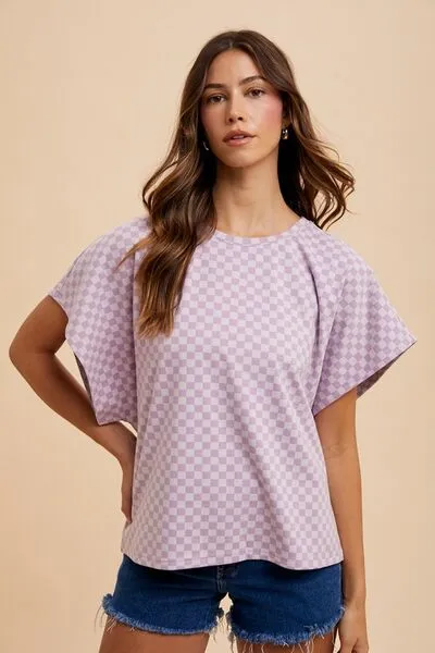 ANNIE WEAR CHECKERED ROUND NECK SHORT SLEEVE T-SHIRT