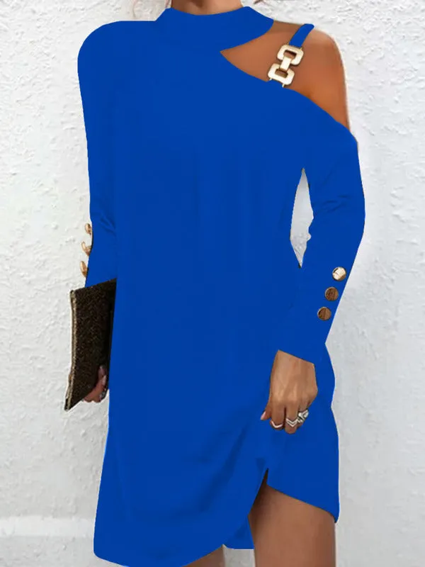 Asymmetrical Neckline Mini Dress with Metal Buckle Halter