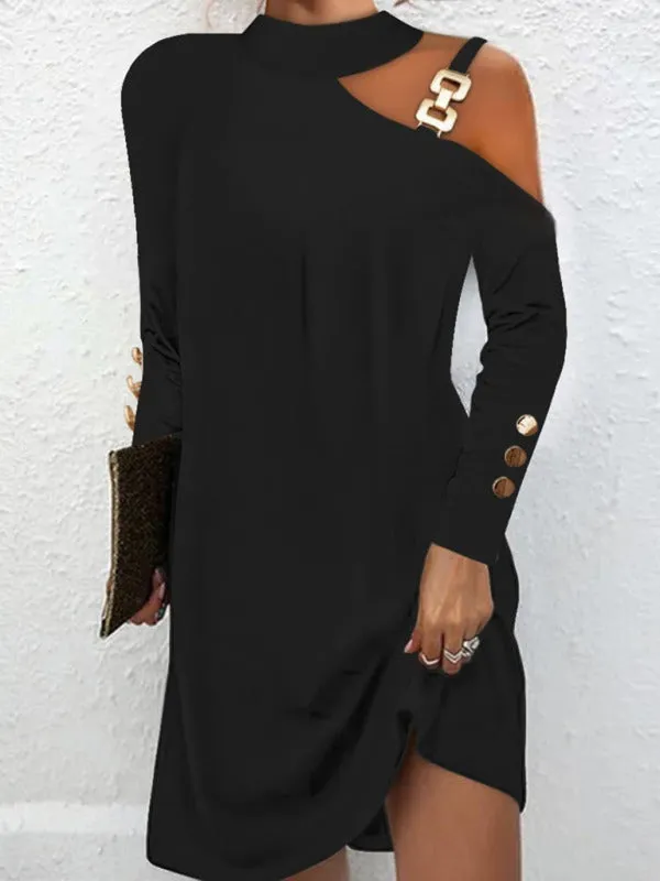 Asymmetrical Neckline Mini Dress with Metal Buckle Halter