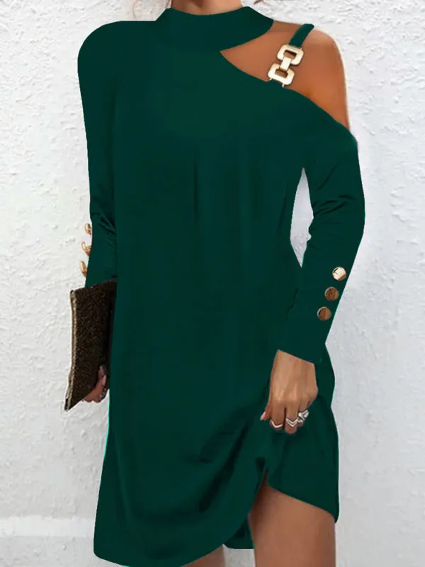 Asymmetrical Neckline Mini Dress with Metal Buckle Halter
