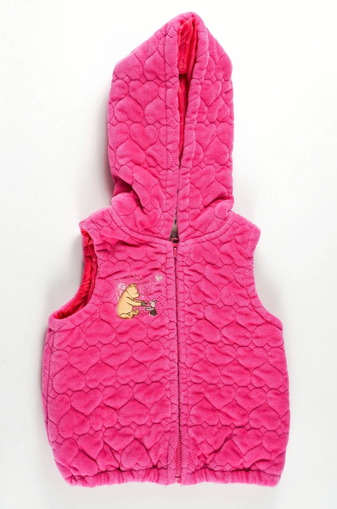 BABY GIRL SIZE 6/12 MONTHS - DISNEY, Winnie The Pooh & Piglet, Quilted Zip, Pink Hooded Vest EUC B11