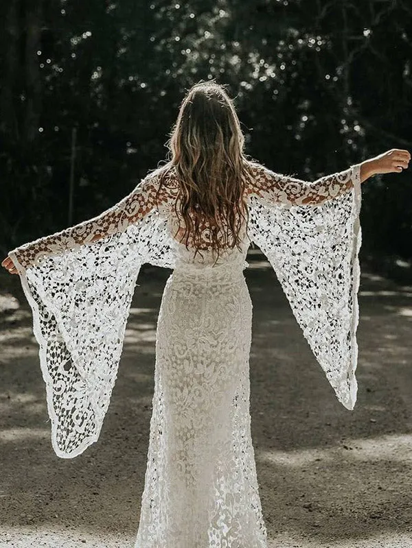 Backless Hollow A-line Flared Sleeves Off-the-shoulder Maxi Dresses Evening Dresses