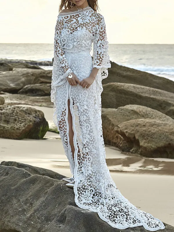 Backless Hollow A-line Flared Sleeves Off-the-shoulder Maxi Dresses Evening Dresses