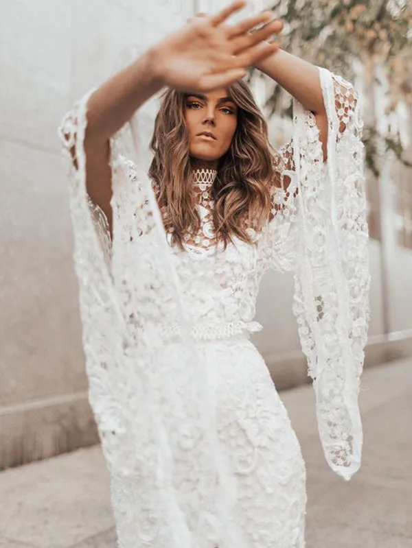Backless Hollow A-line Flared Sleeves Off-the-shoulder Maxi Dresses Evening Dresses