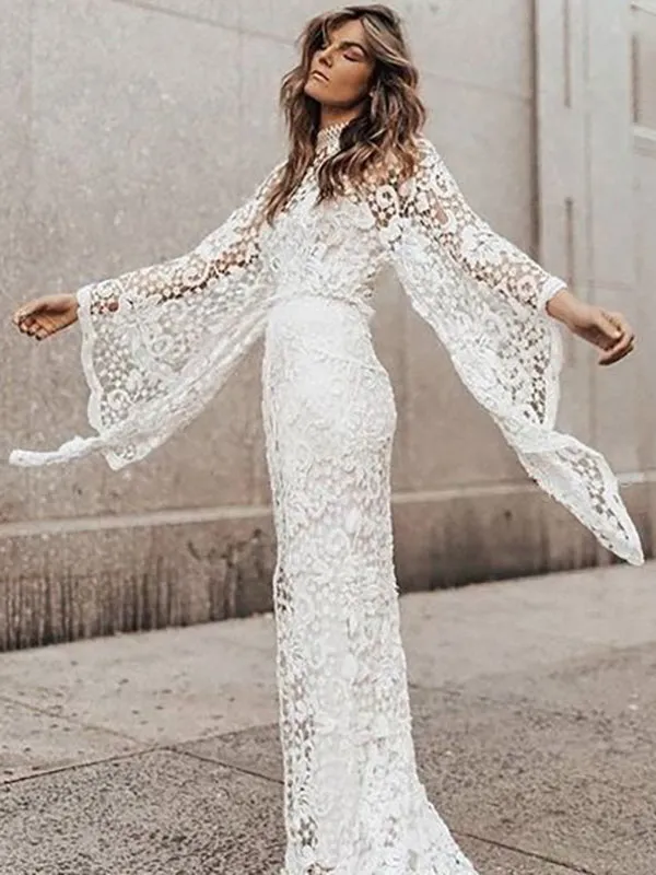Backless Hollow A-line Flared Sleeves Off-the-shoulder Maxi Dresses Evening Dresses