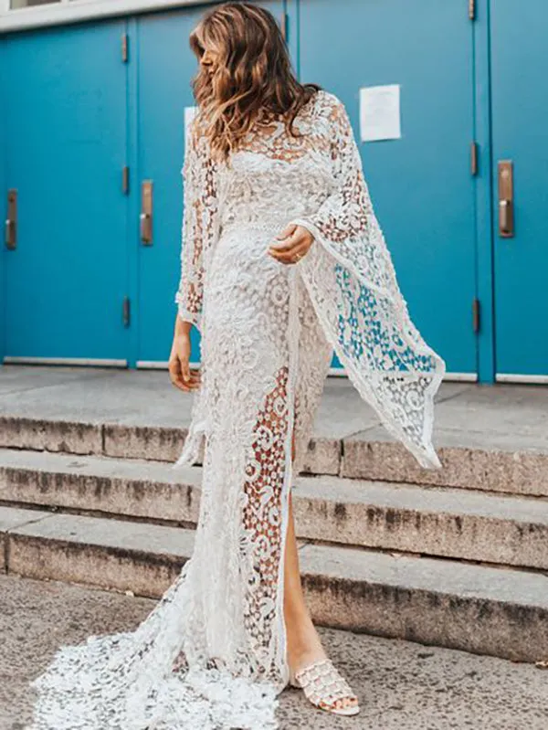 Backless Hollow A-line Flared Sleeves Off-the-shoulder Maxi Dresses Evening Dresses
