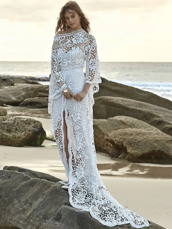 Backless Hollow A-line Flared Sleeves Off-the-shoulder Maxi Dresses Evening Dresses