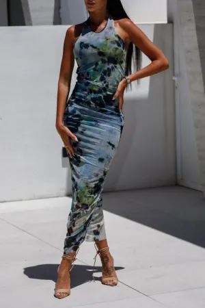 Backless Printed Halter Neck Dress S-XL