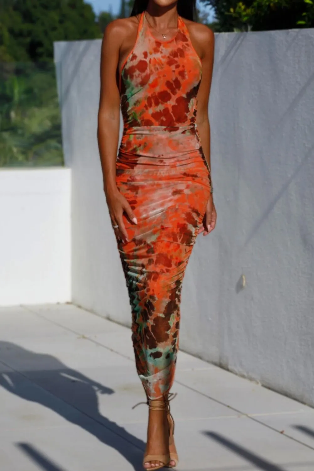 Backless Printed Halter Neck Dress S-XL