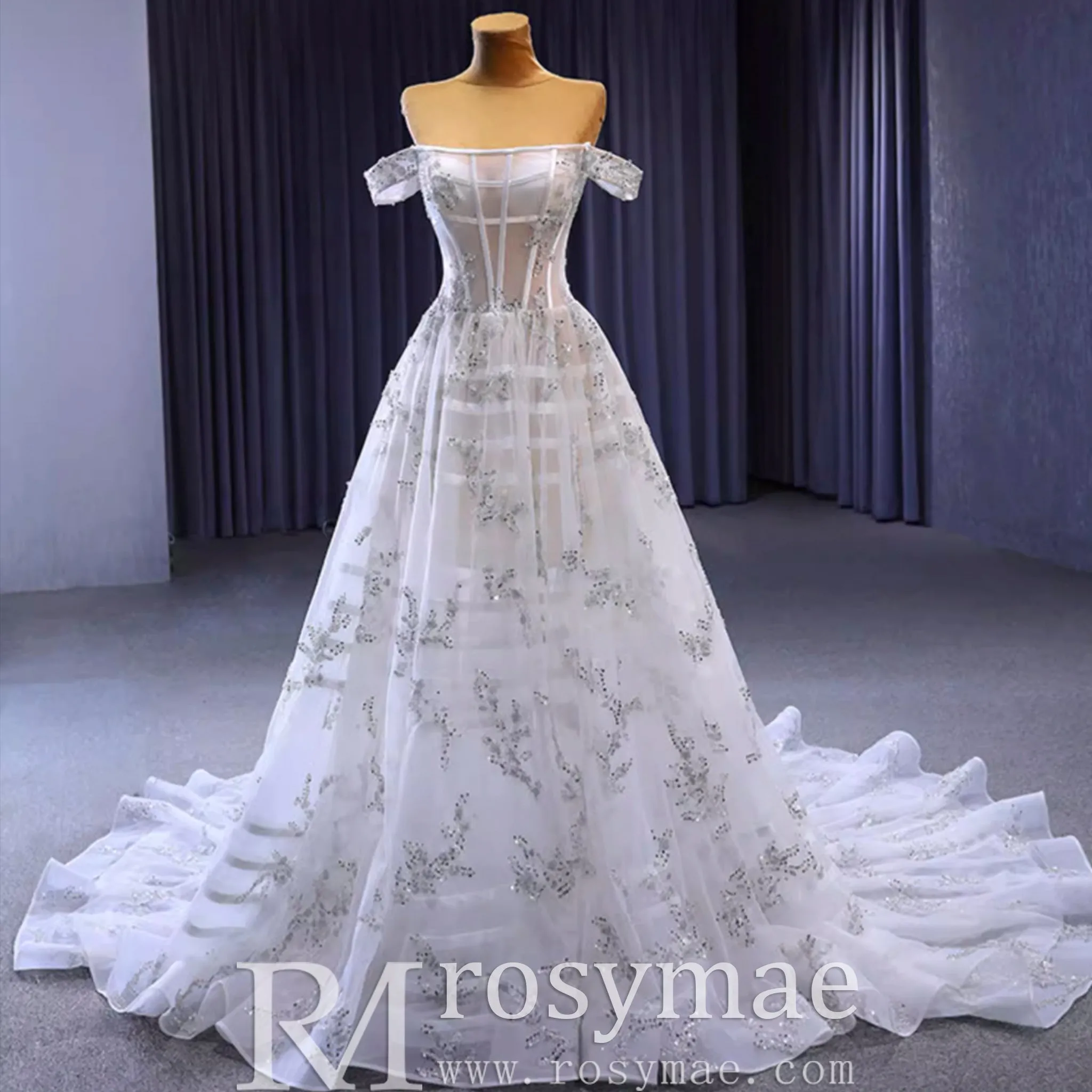 Beaded Floral Sheer Bodice Wedding Dress with Off the Shoulder