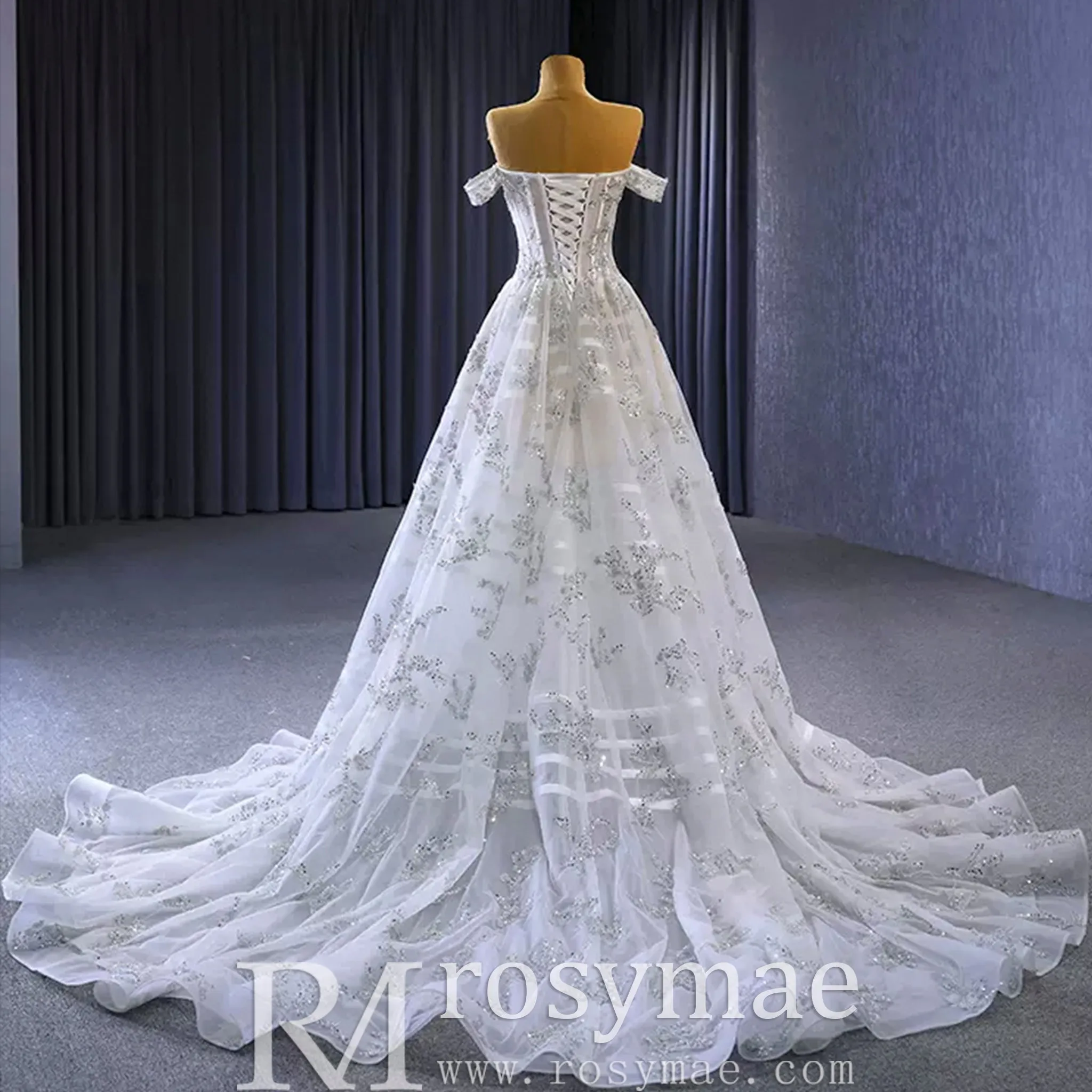 Beaded Floral Sheer Bodice Wedding Dress with Off the Shoulder