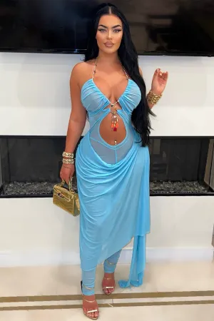 Beads Halter Cutout Semi-Sheer Sash Party Maxi Dresses-Blue