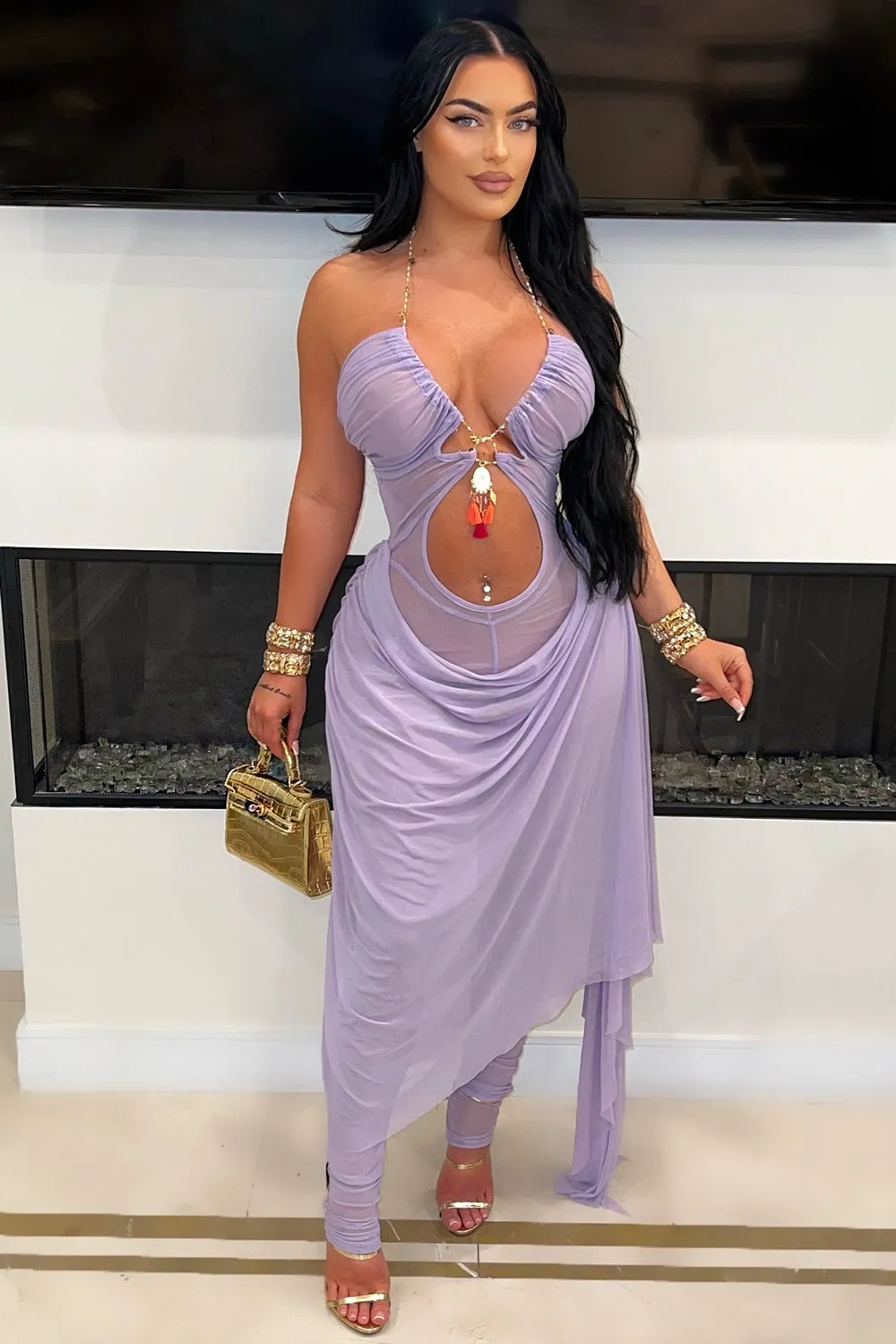 Beads Halter Cutout Semi-Sheer Sash Party Maxi Dresses-Blue