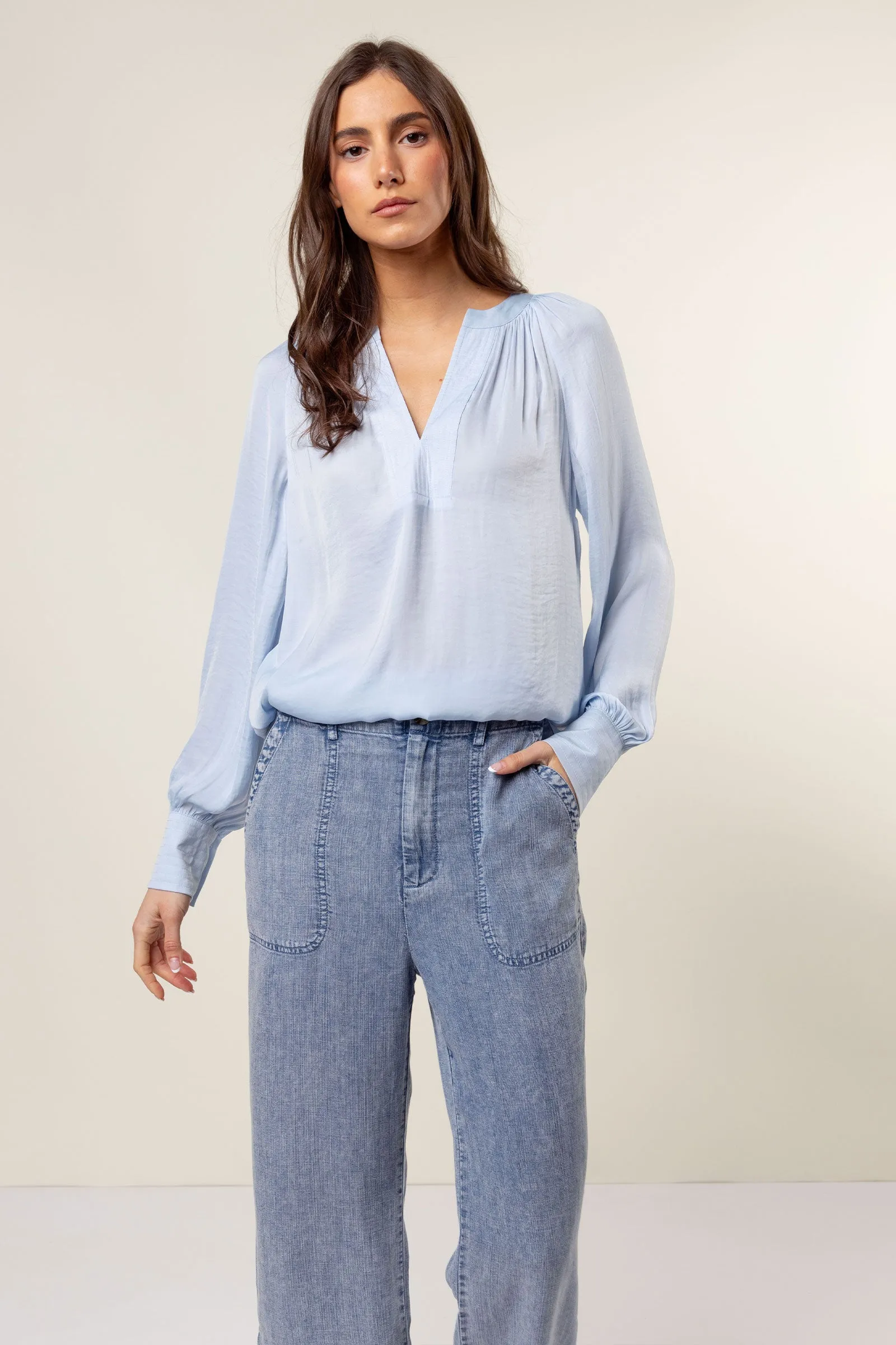 Billowy Gathered V-neck Blouse