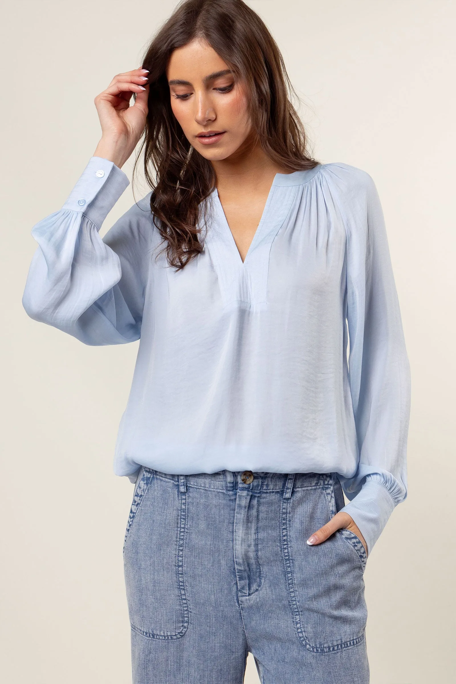 Billowy Gathered V-neck Blouse