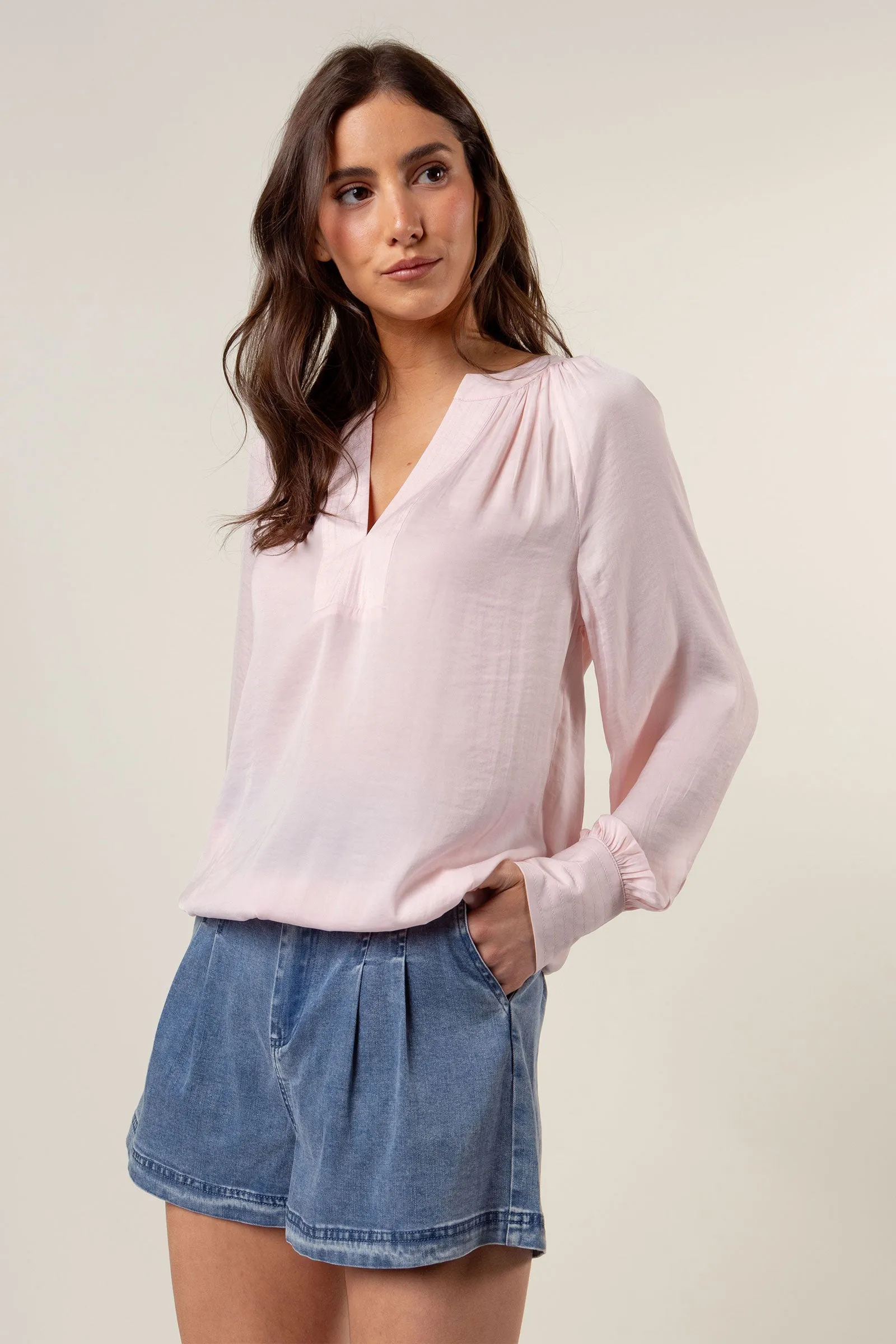 Billowy Gathered V-neck Blouse