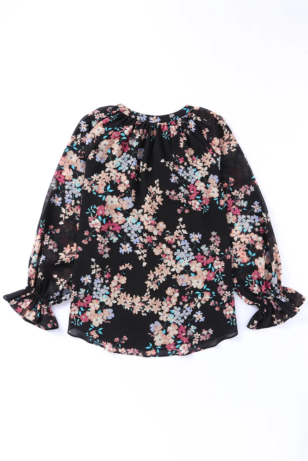 Black Floral Boho Chiffon Peasant Sleeve Blouse