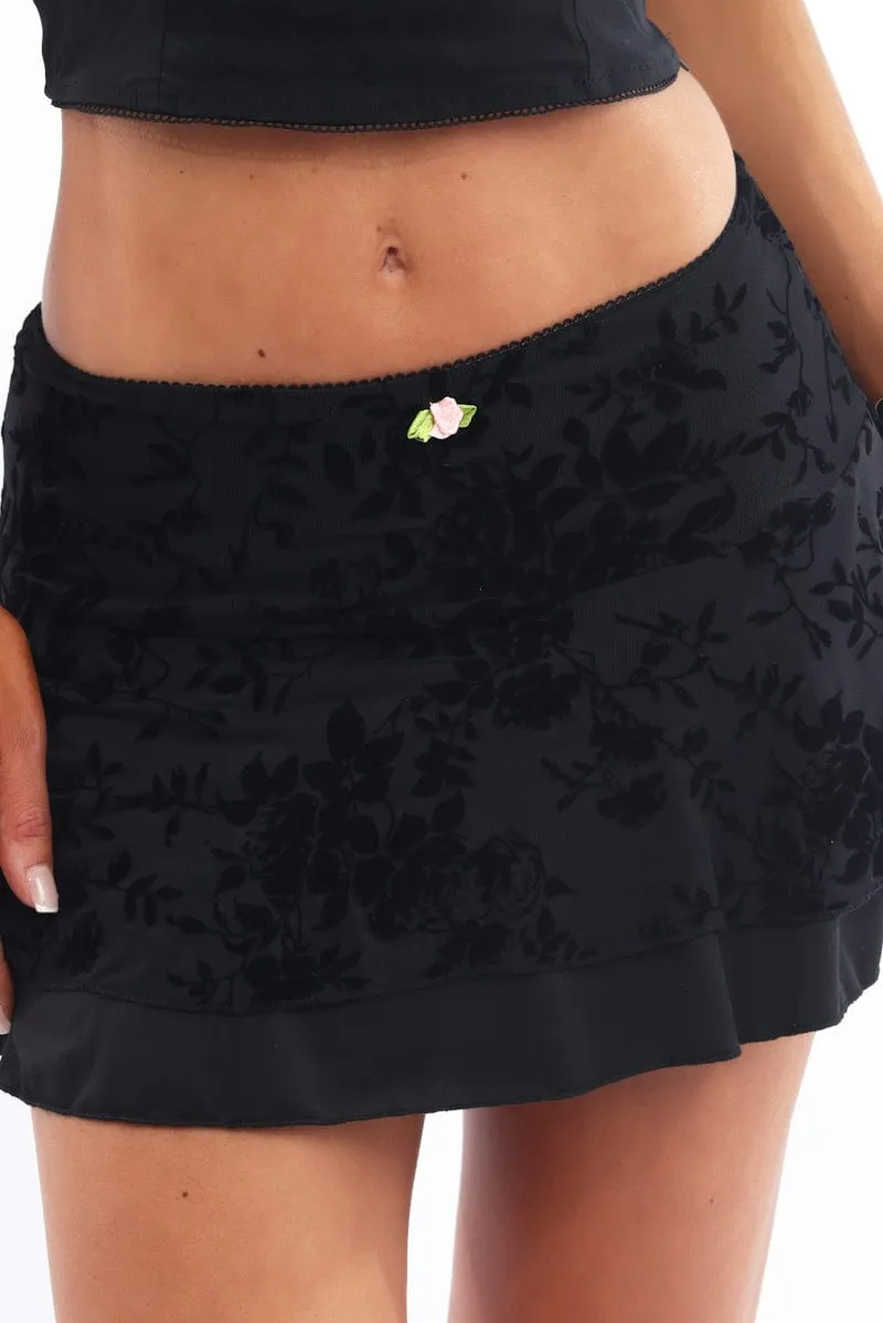 Black Floral Mini Skirt Elastic vWaist Skater Layered Burnout