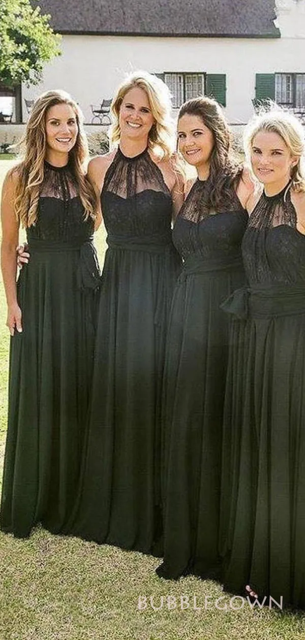 Black Lace Chiffon A-line Halter Cheap Long Custom Bridesmaid Dresses, BGB0101