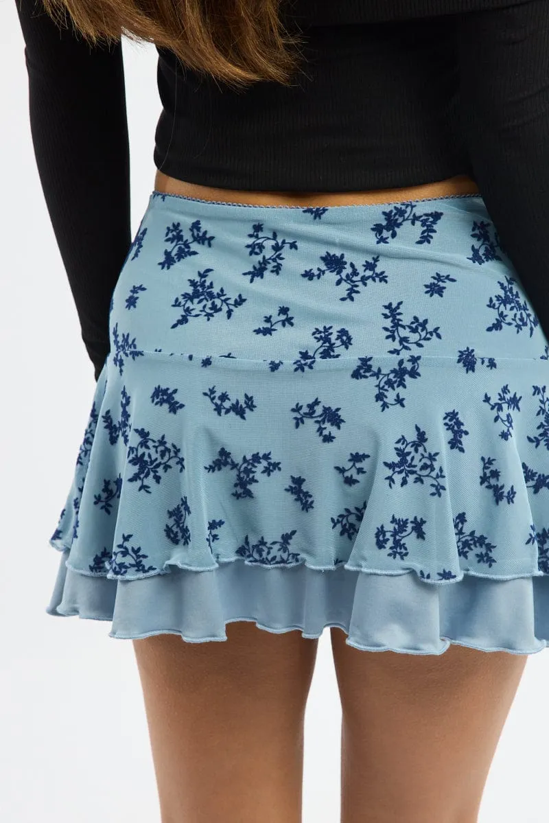 Blue Floral Mini Skirt Elastic Waist Skater Layered Burnout
