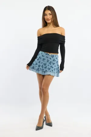 Blue Floral Mini Skirt Elastic Waist Skater Layered Burnout