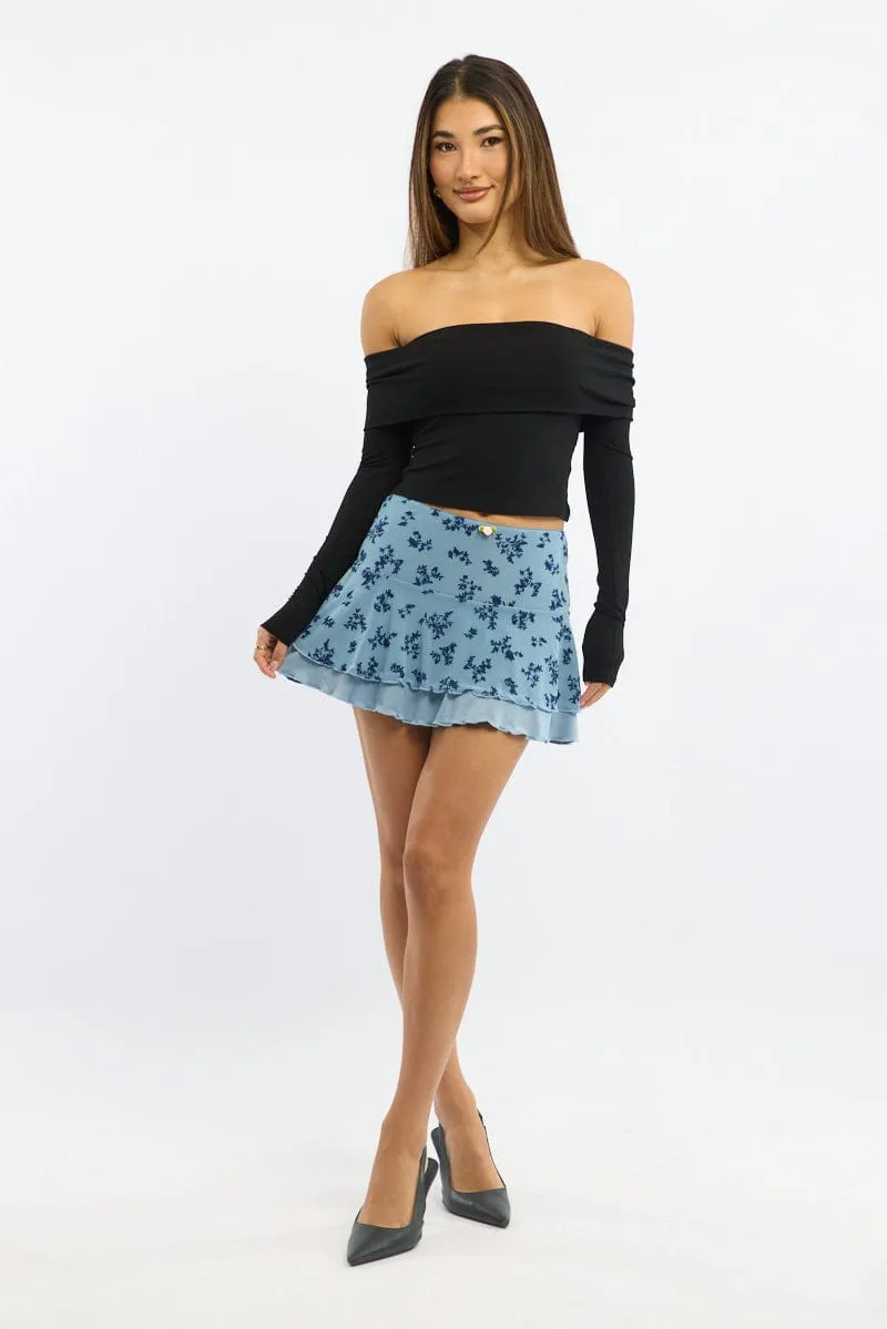Blue Floral Mini Skirt Elastic Waist Skater Layered Burnout