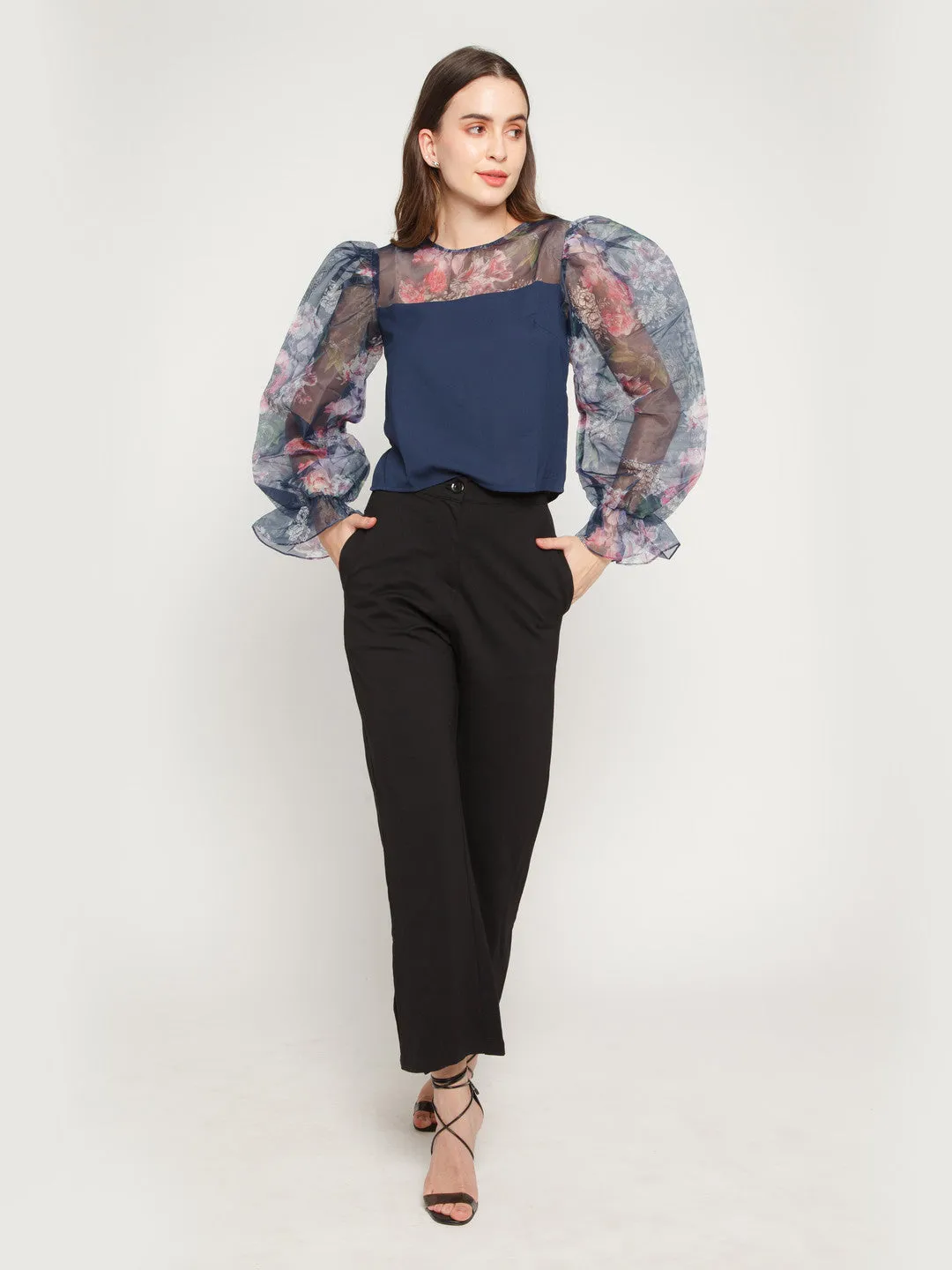 Blue Floral Printed Puff Sleeve Top