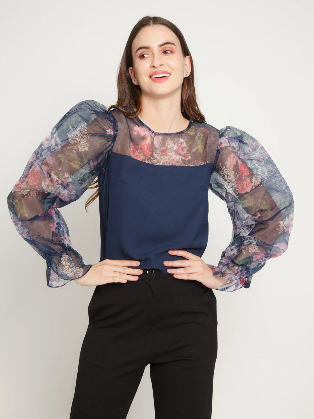 Blue Floral Printed Puff Sleeve Top