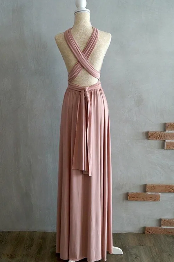 Blush Spandex A-line Criss-Cross Straps Floor-length Bridesmaid Dresses, MBD241