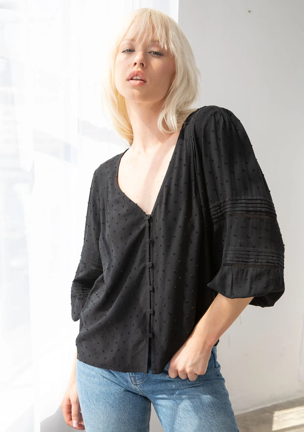 Bohemian Clip Dot Button Front 3/4 Sleeve Blouse